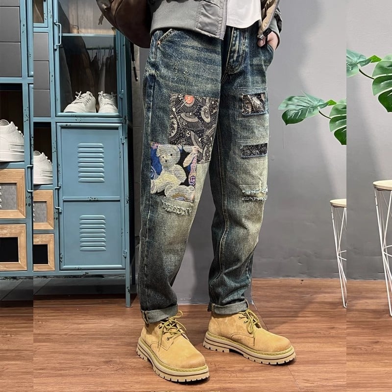 Muške traperice s izrezanim patchworkom i harém stilom, udobne ravne nogavice, denim