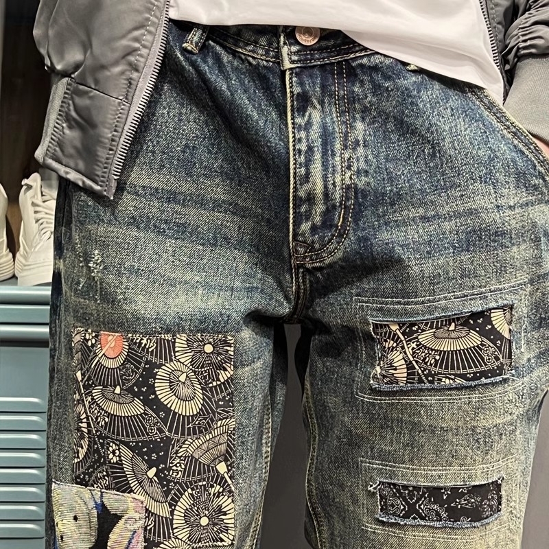 Muške traperice s izrezanim patchworkom i harém stilom, udobne ravne nogavice, denim