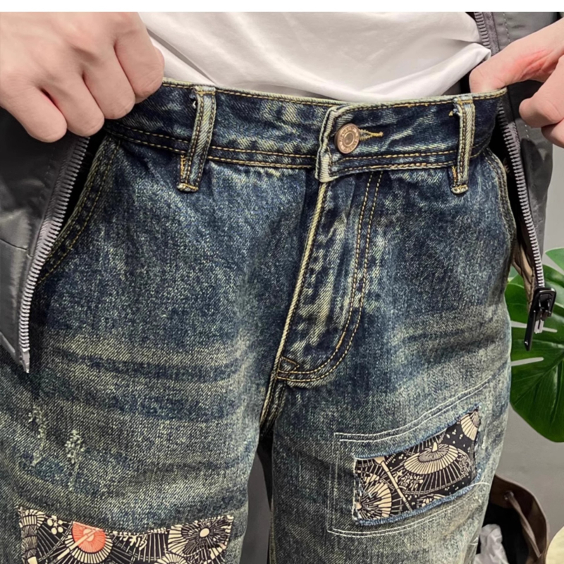 Muške traperice s izrezanim patchworkom i harém stilom, udobne ravne nogavice, denim