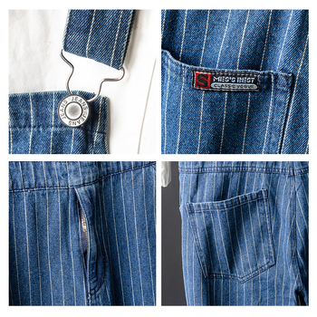 Amerikai stílusú vintage denim overál csíkos pántokkal – egyenes szabás, lazább viselet férfiaknak
