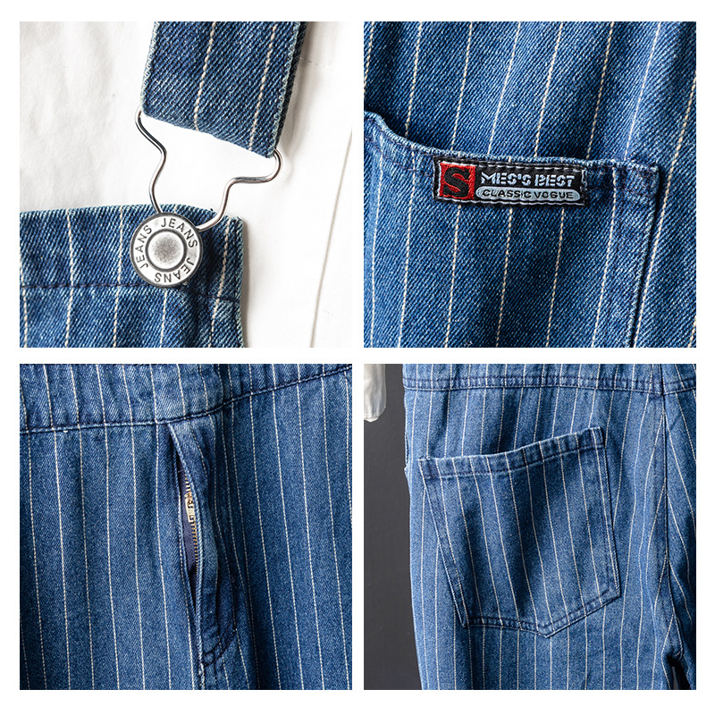 Amerikai stílusú vintage denim overál csíkos pántokkal – egyenes szabás, lazább viselet férfiaknak