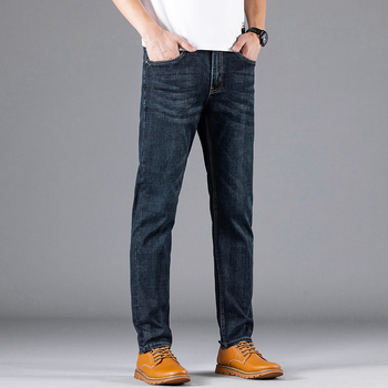 Férfi vastag téli denimnadrág – karcsú egyenes szabás, középtalpas derék, hímzett részletekkel, mindennapi és sokoldalú viselet