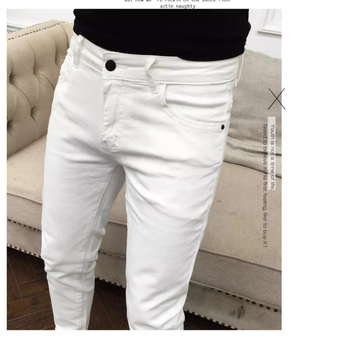 Fehér férfi pamut denim nadrág, Hong Kong-stílus, egyenes szabás, rugalmas, bokáig érő, középmagas derék, cipzáras fly, hímzett, mindennapi nadrág