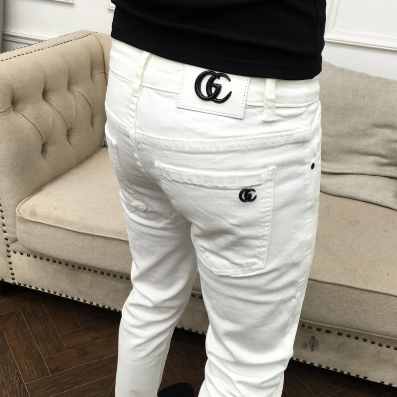 Fehér férfi pamut denim nadrág, Hong Kong-stílus, egyenes szabás, rugalmas, bokáig érő, középmagas derék, cipzáras fly, hímzett, mindennapi nadrág