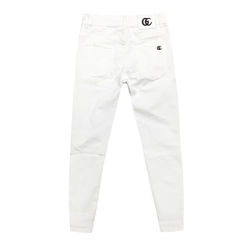 Fehér férfi pamut denim nadrág, Hong Kong-stílus, egyenes szabás, rugalmas, bokáig érő, középmagas derék, cipzáras fly, hímzett, mindennapi nadrág