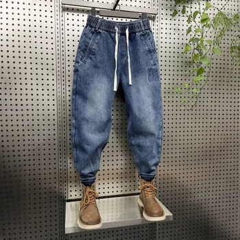Jeansi bărbați în stil coreean cu șnur și încuietoare, elastici, croială Slim, pantaloni casual cu talie elastică, stil harém-dad