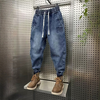 Jeansi bărbați în stil coreean cu șnur și încuietoare, elastici, croială Slim, pantaloni casual cu talie elastică, stil harém-dad