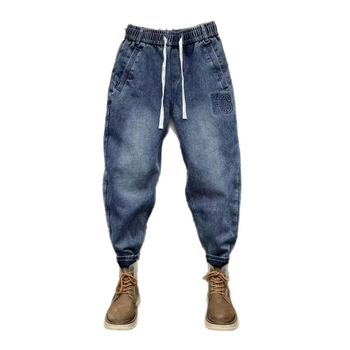 Jeansi bărbați în stil coreean cu șnur și încuietoare, elastici, croială Slim, pantaloni casual cu talie elastică, stil harém-dad