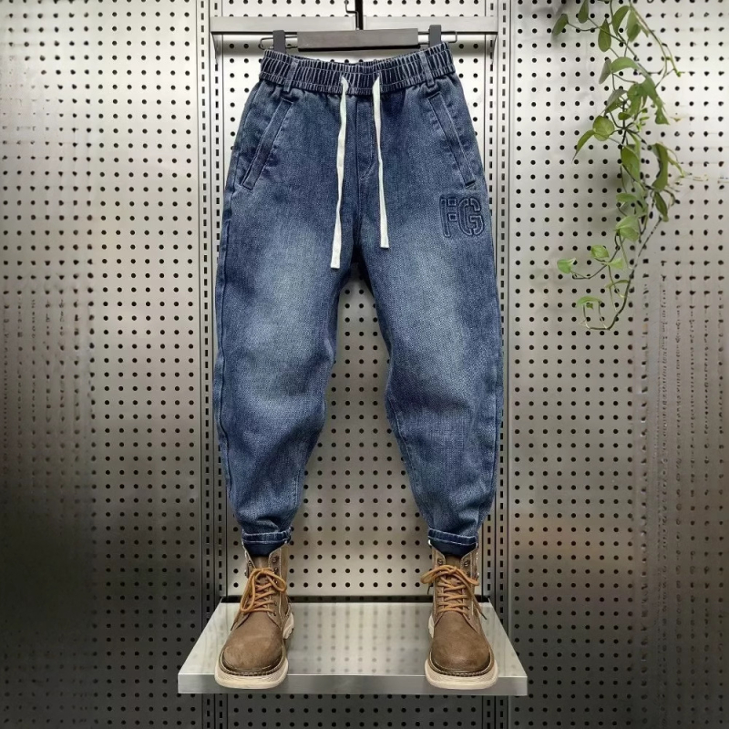 Jeansi bărbați în stil coreean cu șnur și încuietoare, elastici, croială Slim, pantaloni casual cu talie elastică, stil harém-dad