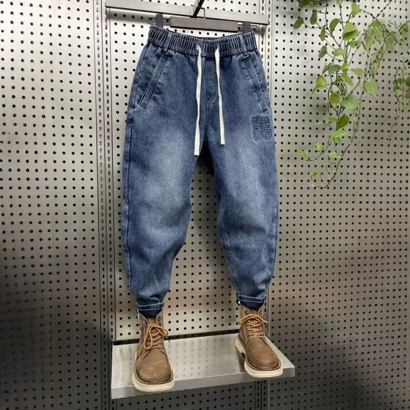 Jeansi bărbați în stil coreean cu șnur și încuietoare, elastici, croială Slim, pantaloni casual cu talie elastică, stil harém-dad