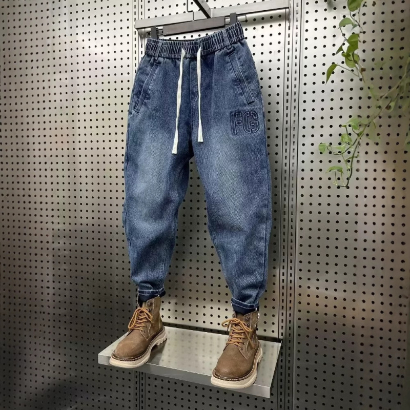 Jeansi bărbați în stil coreean cu șnur și încuietoare, elastici, croială Slim, pantaloni casual cu talie elastică, stil harém-dad