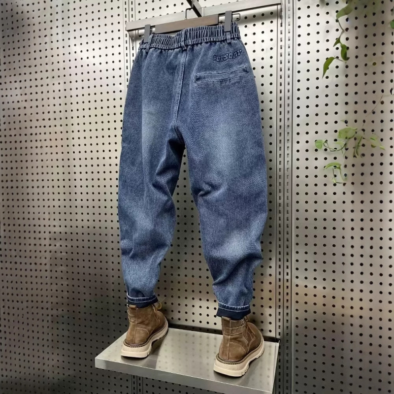 Jeansi bărbați în stil coreean cu șnur și încuietoare, elastici, croială Slim, pantaloni casual cu talie elastică, stil harém-dad