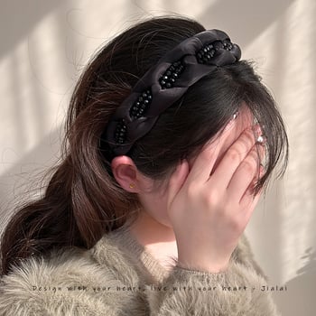 Crna diadem od organze s kristalnim pletenjem, elegantan i luksuzan dodatak za kosu