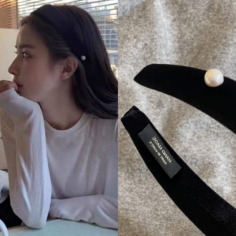 Vintage crna traka za kosu od baršuna s perlama, barokno retro elegancija, minimalistički dodatak za kosu