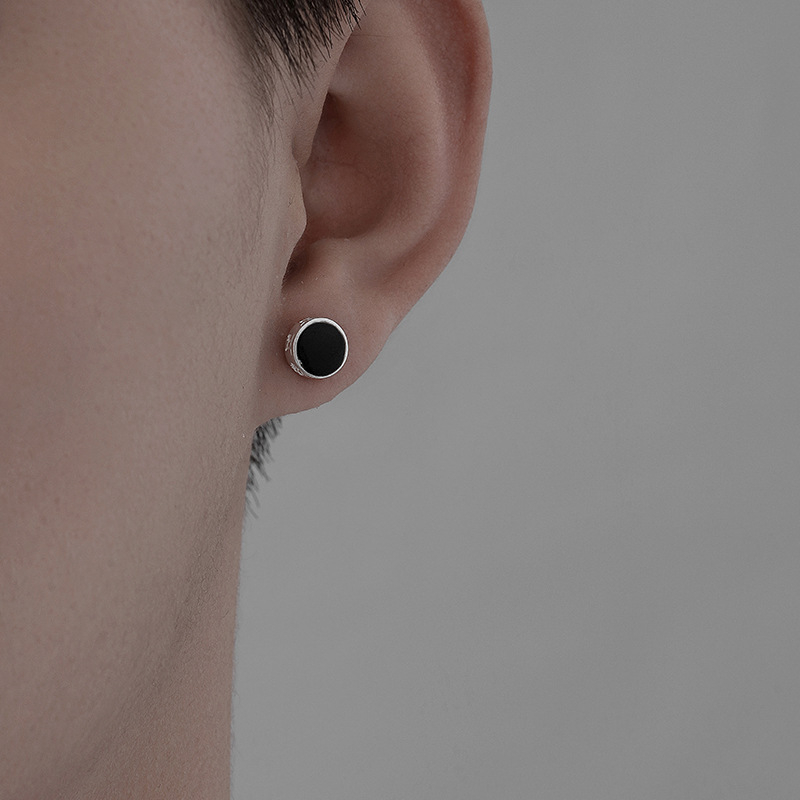 925 posrebrena muška stud naušnica, minimalistički stil, crna, mantra od šest znakova, jedan komad, hip-hop stil