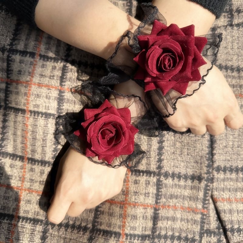 Dark Lolita čipkaste zapešćene rukave za žene – bordo ružičasti rukavi haljine za ples