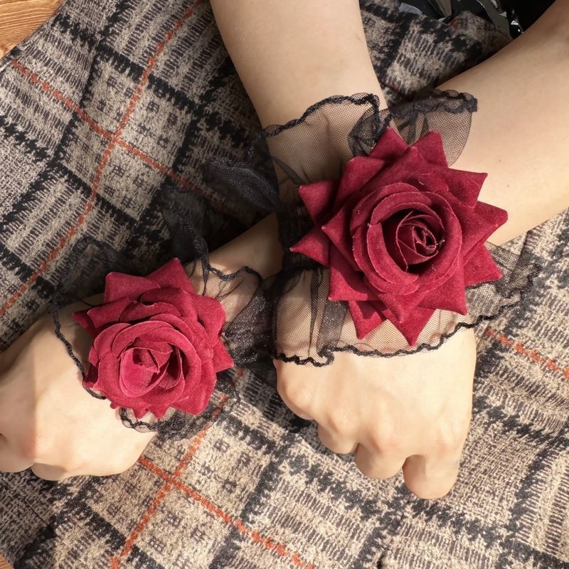 Dark Lolita čipkaste zapešćene rukave za žene – bordo ružičasti rukavi haljine za ples