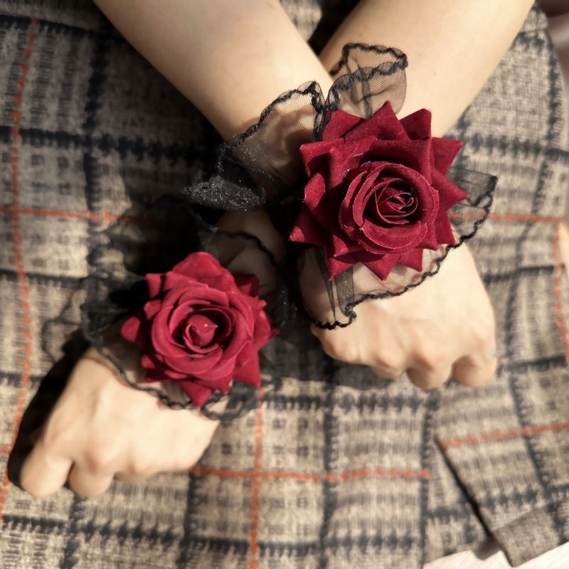 Dark Lolita čipkaste zapešćene rukave za žene – bordo ružičasti rukavi haljine za ples