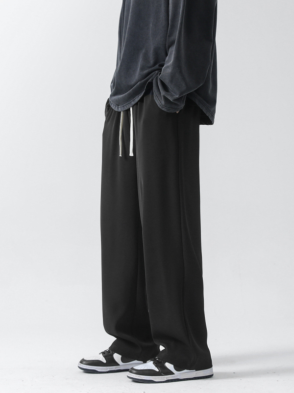Férfi tavaszi vékony fekete Ice Silk nadrág, lazán szabott egyenes szár, hosszú a földig, mindennapi viselet