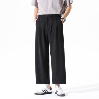 TN DD 2026 Pantaloni cropped cu textură drapată, pantaloni largi pentru bărbați cu înălțime mică