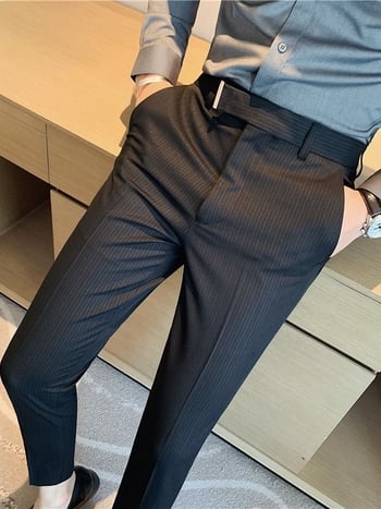 Férfi vékony csíkos nadrág, koreai stílus, szűk szabás, vasalás nélkül, négy évszakos üzleti casual nadrág
