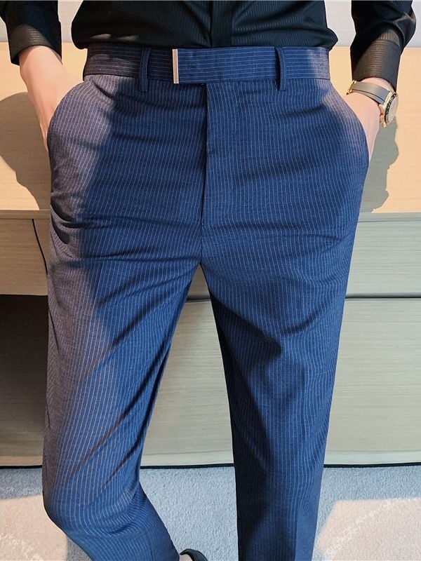 Férfi vékony csíkos nadrág, koreai stílus, szűk szabás, vasalás nélkül, négy évszakos üzleti casual nadrág
