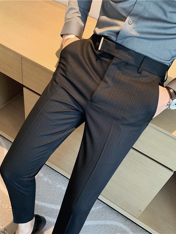 Férfi vékony csíkos nadrág, koreai stílus, szűk szabás, vasalás nélkül, négy évszakos üzleti casual nadrág