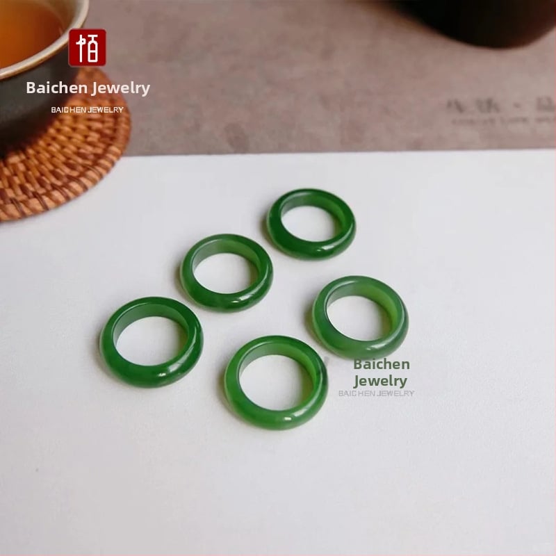 Unisex prsteň zo špenátovo zelenej nefritu, geometrický dizajn, napodobenina Hetian jade