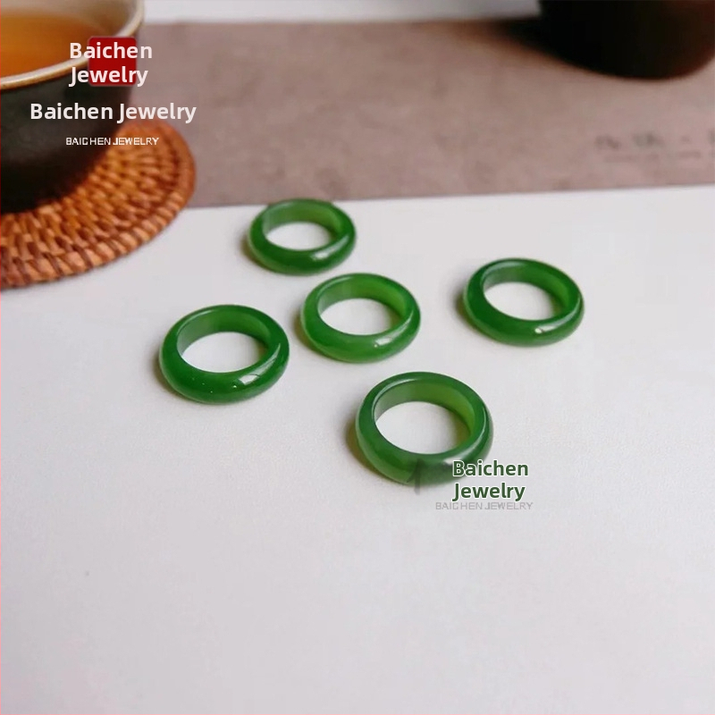 Unisex prsteň zo špenátovo zelenej nefritu, geometrický dizajn, napodobenina Hetian jade