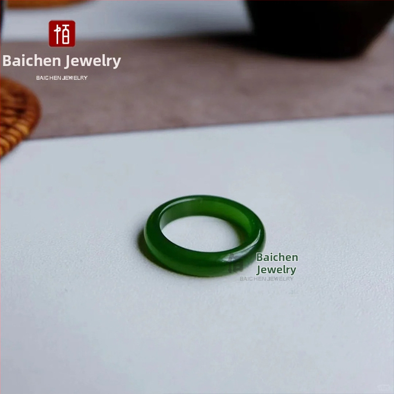 Unisex prsteň zo špenátovo zelenej nefritu, geometrický dizajn, napodobenina Hetian jade
