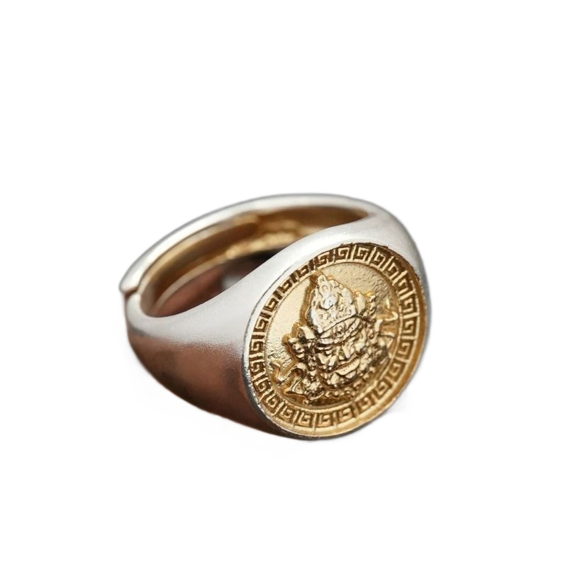 Muški prsten pozlaćen bogu bogatstva, široki prilagodljivi prsten u vintage etno stilu