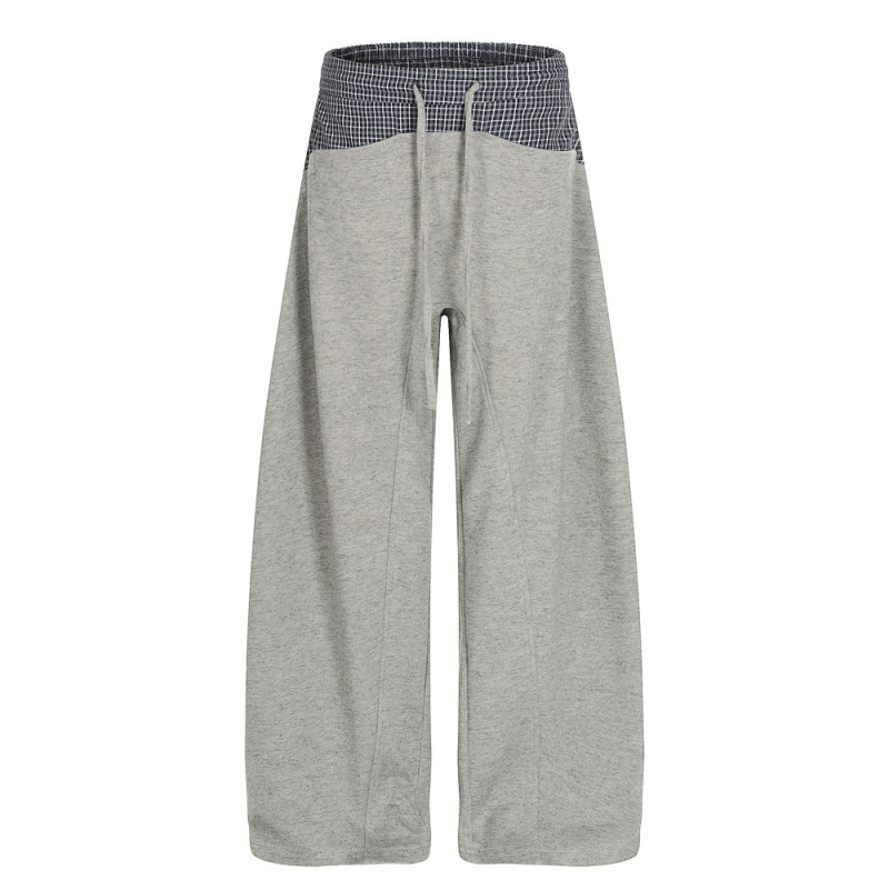 Férfiak plaid patchwork színblokkokkal, laza szabású, hosszú, széles szárú casual nadrág, utcai stílus