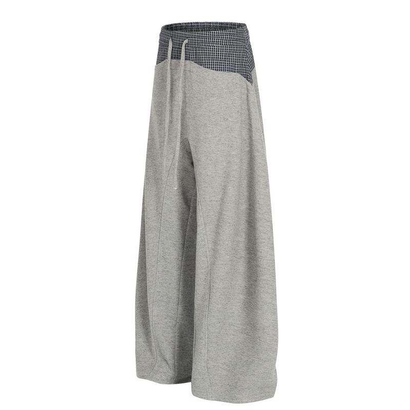 Férfiak plaid patchwork színblokkokkal, laza szabású, hosszú, széles szárú casual nadrág, utcai stílus