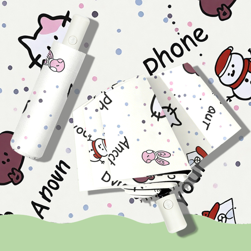 Dječji sklopivi kišobran s karikaturalnom digitalnom tiskom, trodijelni, automatsko otvaranje, UV zaštita, crni premaz