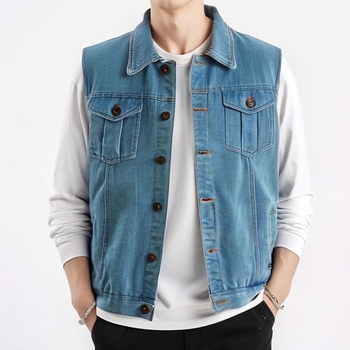 Férfi denim mellény kapucnival, ujjak nélküli, fleece-béléssel, csíkos mintázattal