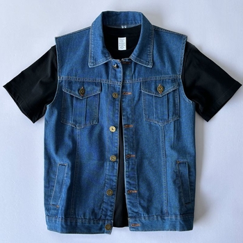 Férfi denim mellény kapucnival, ujjak nélküli, fleece-béléssel, csíkos mintázattal