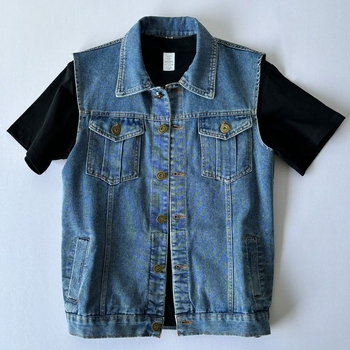 Férfi denim mellény kapucnival, ujjak nélküli, fleece-béléssel, csíkos mintázattal