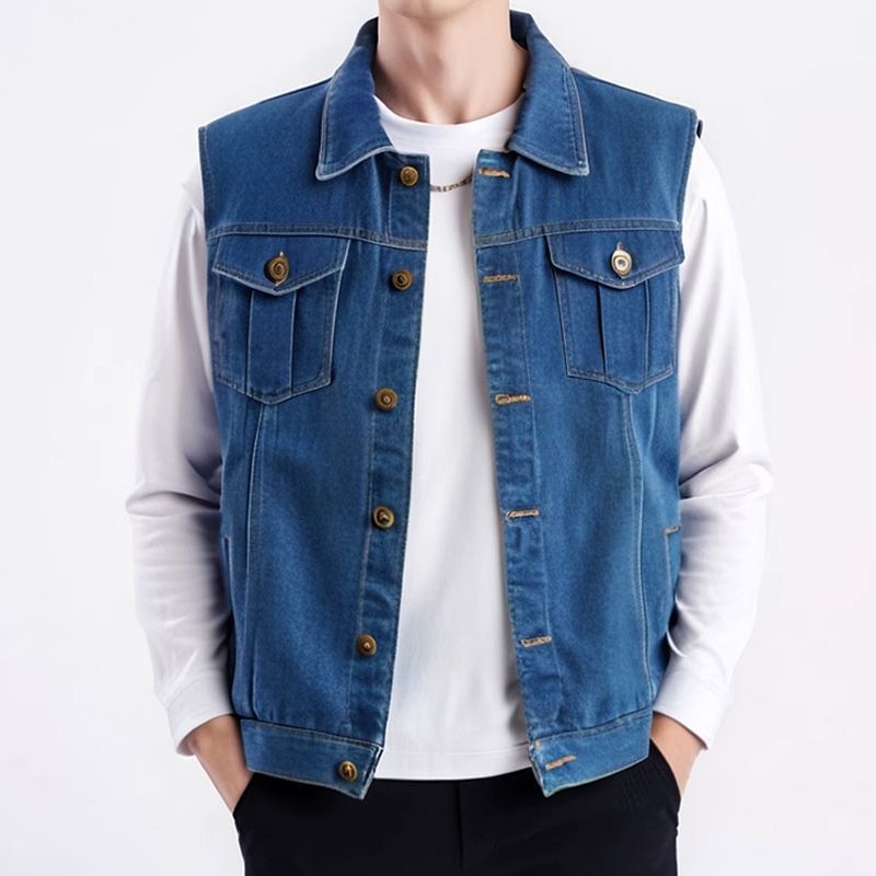 Férfi denim mellény kapucnival, ujjak nélküli, fleece-béléssel, csíkos mintázattal