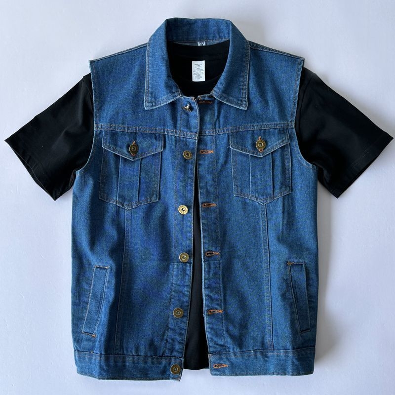 Férfi denim mellény kapucnival, ujjak nélküli, fleece-béléssel, csíkos mintázattal