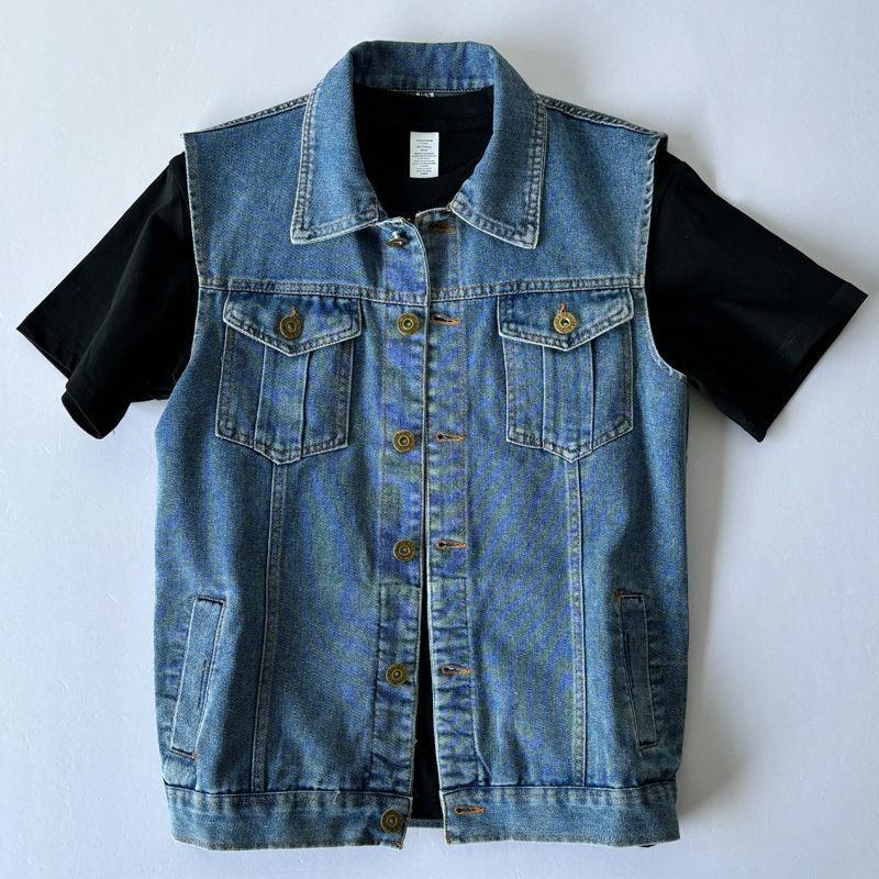 Férfi denim mellény kapucnival, ujjak nélküli, fleece-béléssel, csíkos mintázattal
