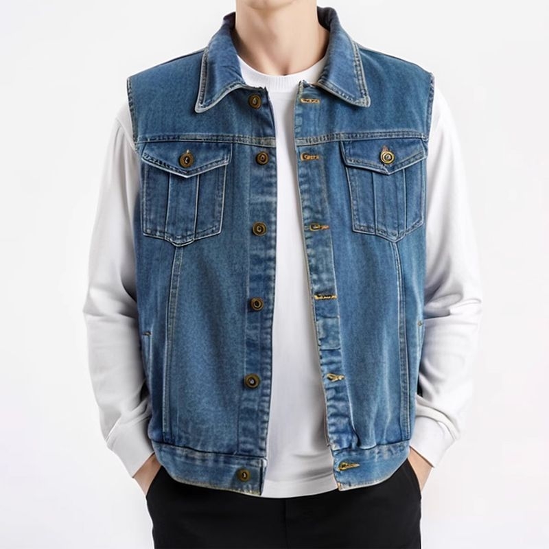 Férfi denim mellény kapucnival, ujjak nélküli, fleece-béléssel, csíkos mintázattal