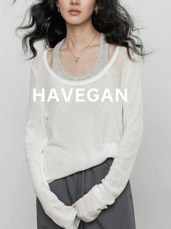 Havegan Top tricotat lejer din Tencel-Lin pentru femei, protecție UV – Aspect de două piese, Stil Old Money