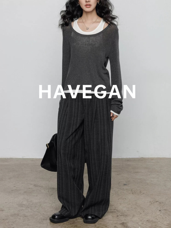 Havegan Top tricotat lejer din Tencel-Lin pentru femei, protecție UV – Aspect de două piese, Stil Old Money