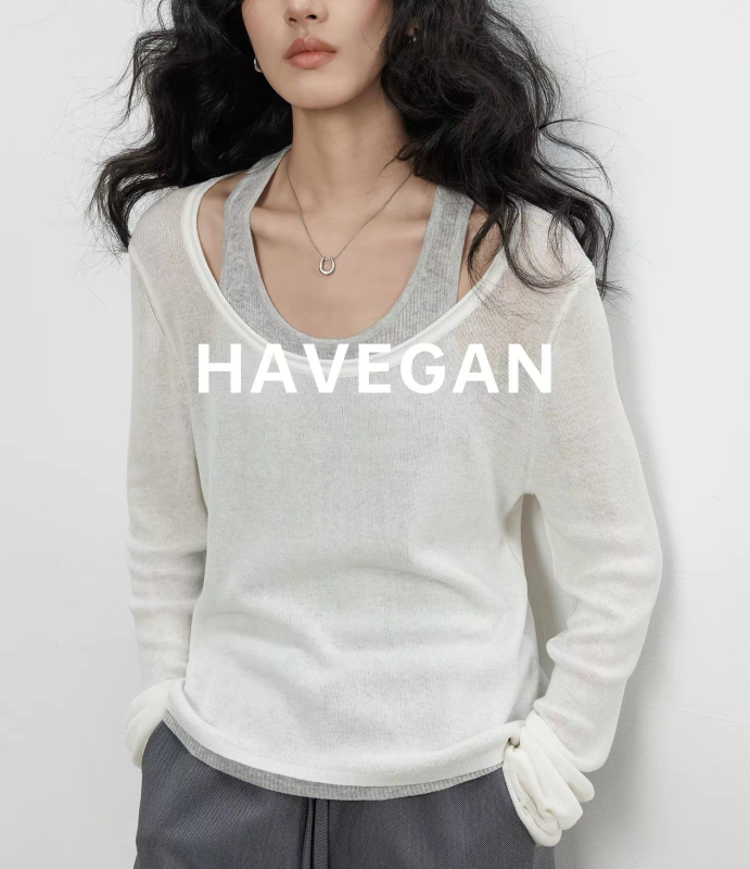 Havegan Top tricotat lejer din Tencel-Lin pentru femei, protecție UV – Aspect de două piese, Stil Old Money