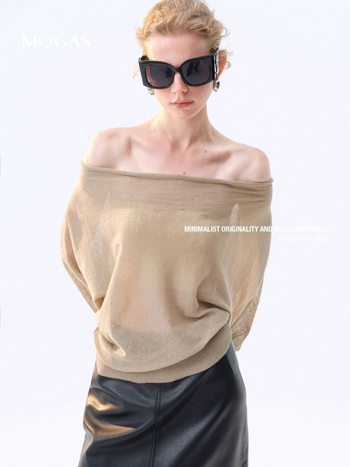 Top tricot din amestec bumbac-lenin, ușor transparent, cu umăr diagonal și guler swing, casual de toamnă pentru femei