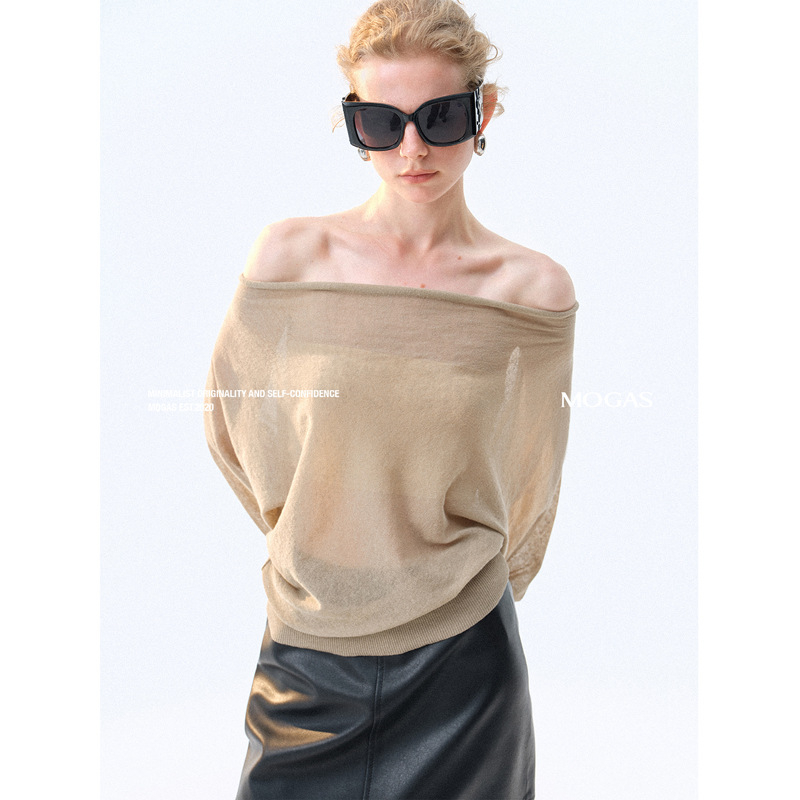 Top tricot din amestec bumbac-lenin, ușor transparent, cu umăr diagonal și guler swing, casual de toamnă pentru femei