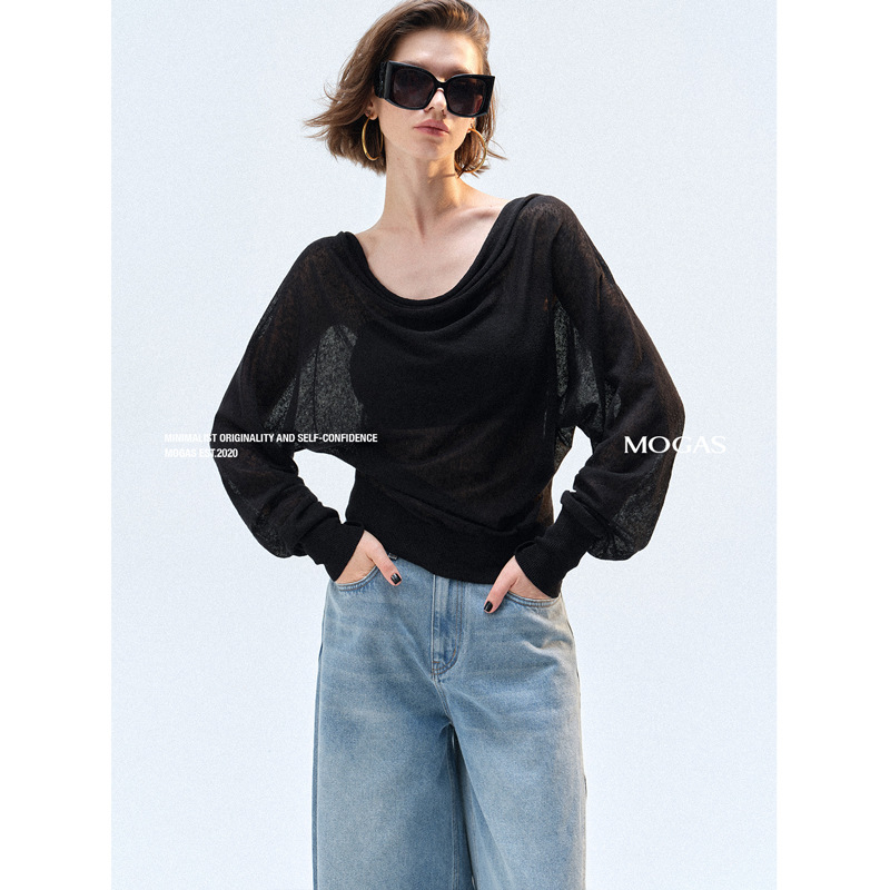 Top tricot din amestec bumbac-lenin, ușor transparent, cu umăr diagonal și guler swing, casual de toamnă pentru femei