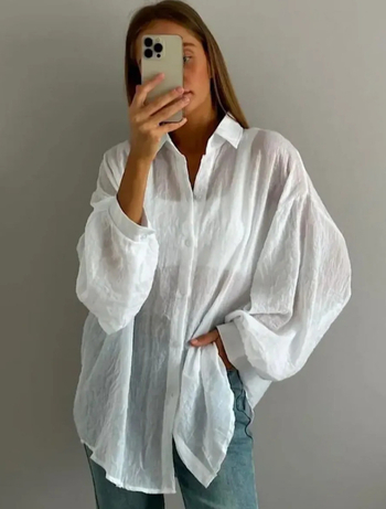 Női átlátszó hosszú ujjú ing, minimalist stílus, laza szabás, drapírozott részletek, UV-védelmes nyári viselet