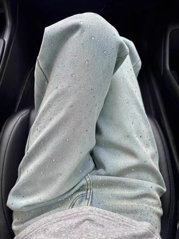 Ženske džinse s širokim nogama, svijetle boje s dizajnom od rhinestones, fleece podstava za zimu, visokim strukom, ležernim krojem, vizualno vitkiji efekt, uzorak zvijezda, ravne nogavice