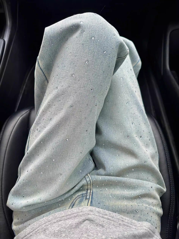 Ženske džinse s širokim nogama, svijetle boje s dizajnom od rhinestones, fleece podstava za zimu, visokim strukom, ležernim krojem, vizualno vitkiji efekt, uzorak zvijezda, ravne nogavice